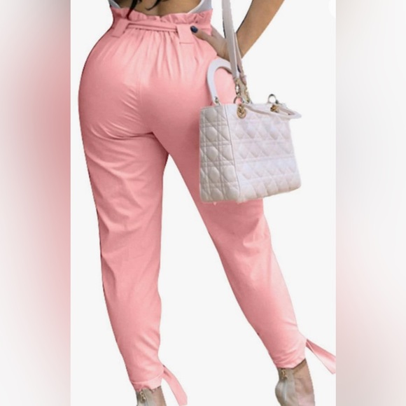 Women Solid Casual Trousers High Waist Ruffle Bow Tie Pants - Picture 2 of 8